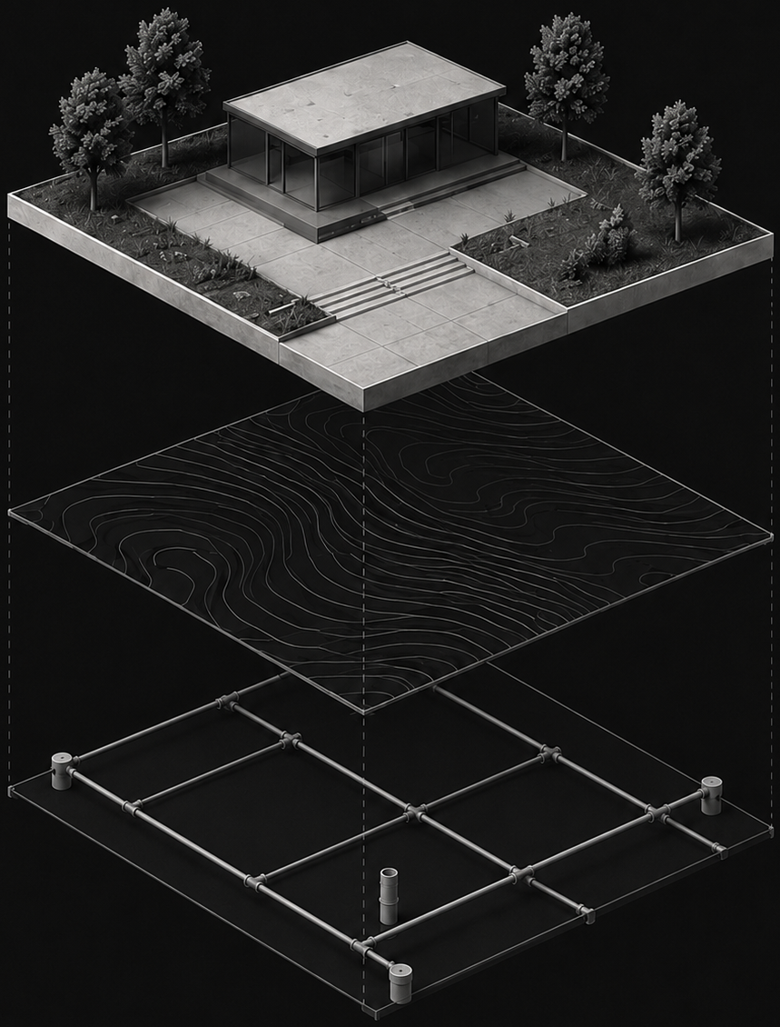 Exploded isometric site diagram: surface, grading, utilities