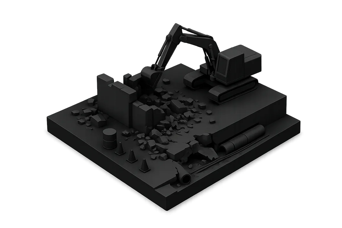 Demolition excavator on rubble