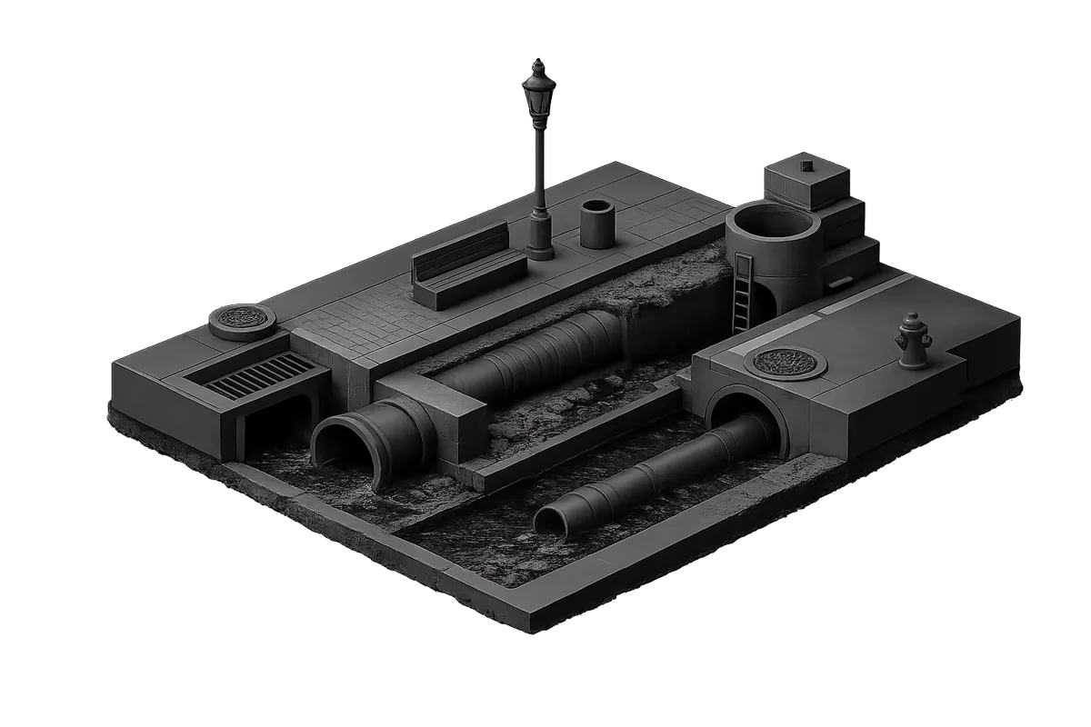 Underground storm and sanitary sewer cutaway